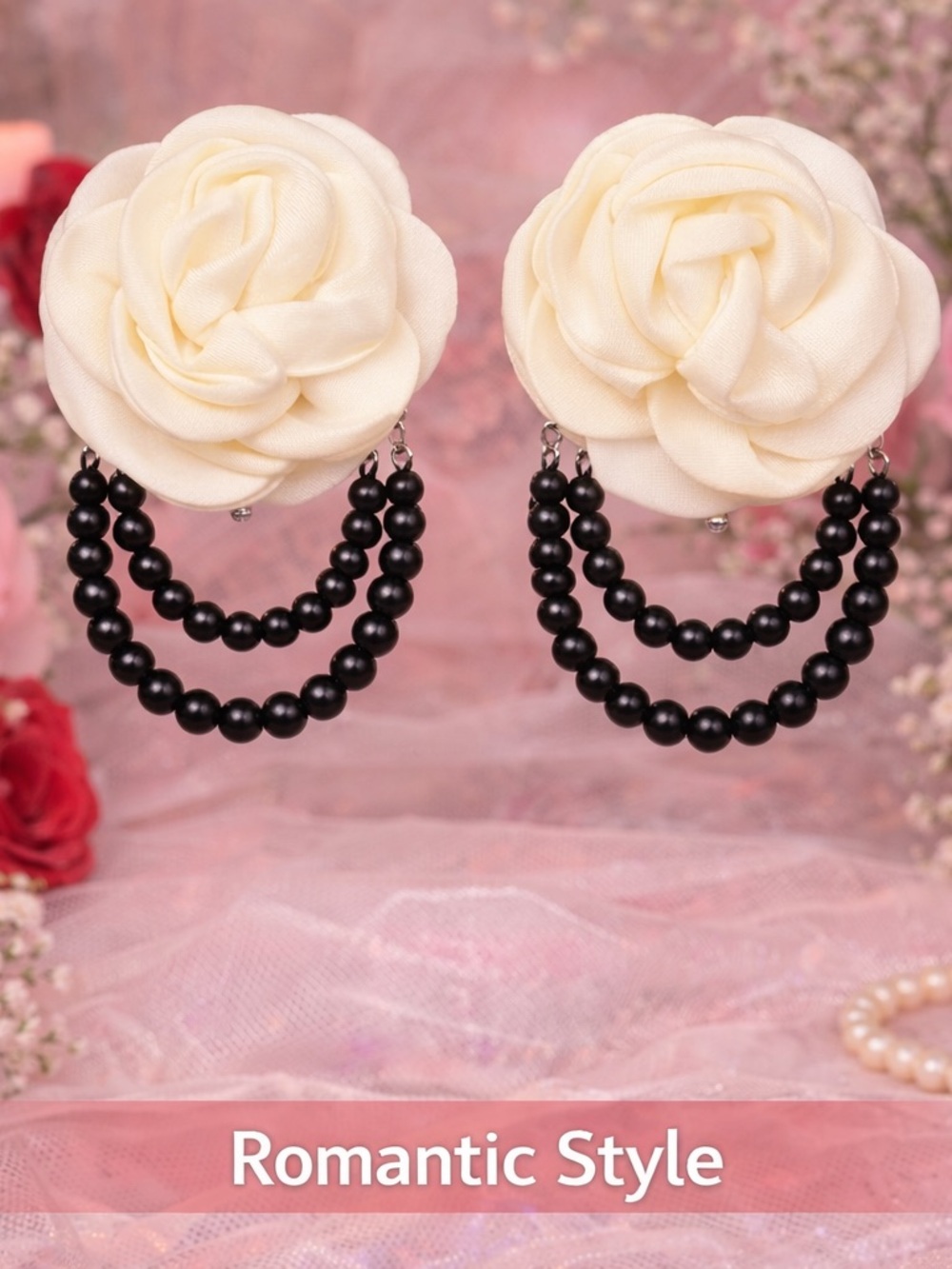 Floral Rose Earrings Ivory Satin Black Bead Dangles 3”
